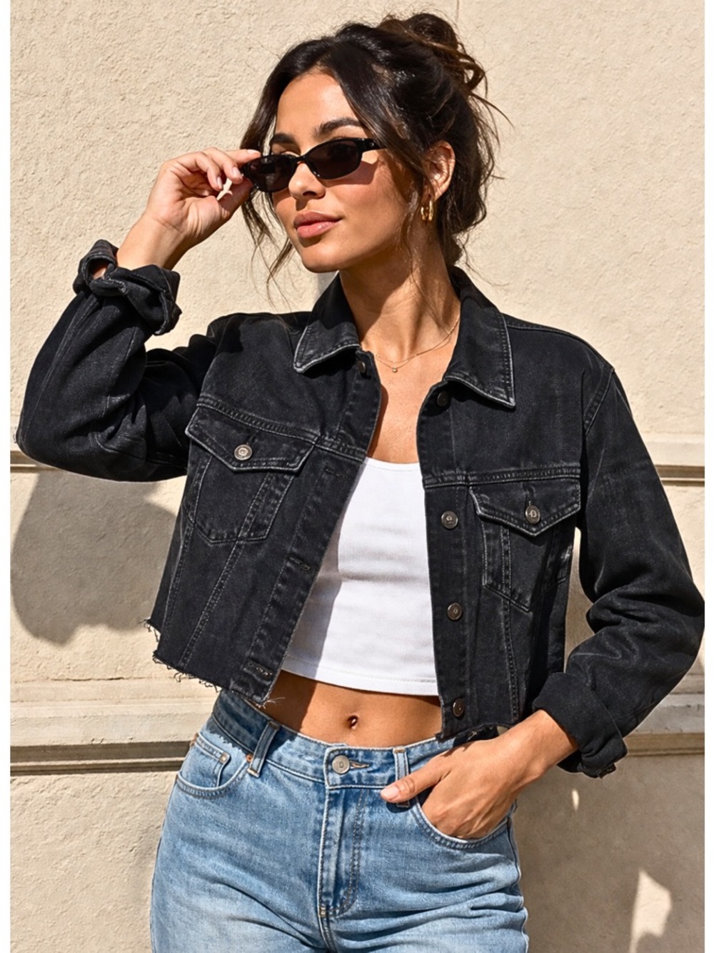 HOLLISTER DENIM JACKET Black Cropped Goth Fray Hem Edgy Streetwear Women’s SZ S